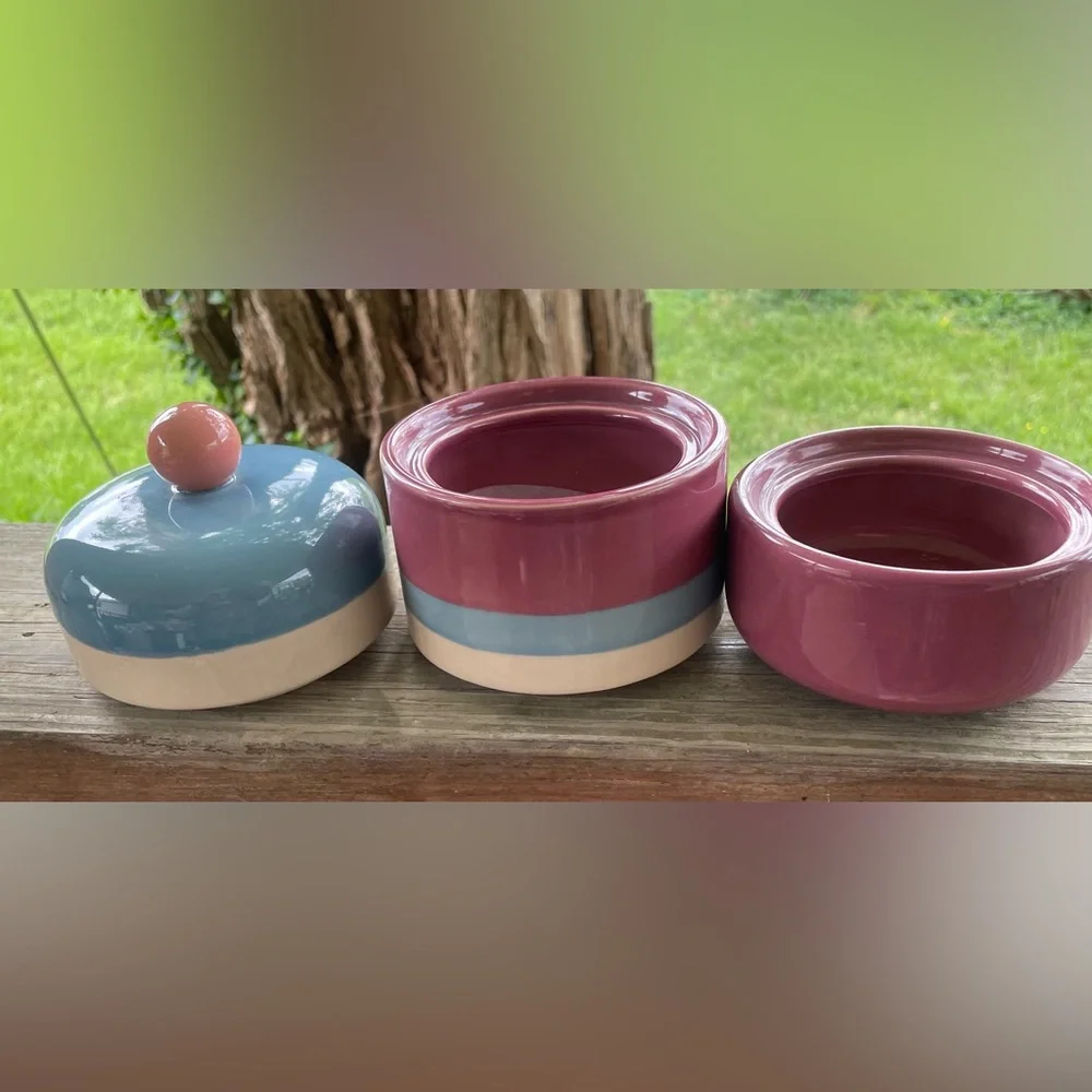 Striped Ceramic Tiered Canister Jar in Rose, Teal, and Cream ~ New